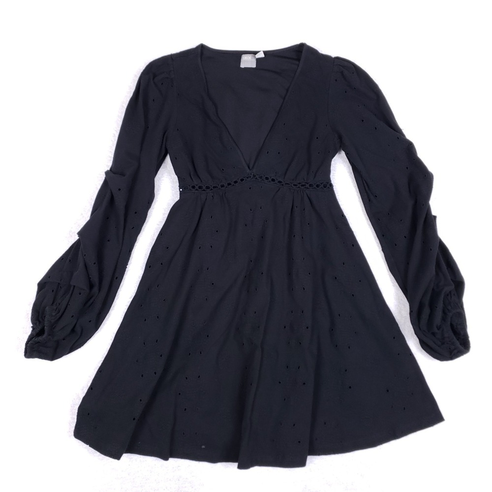 ASOS Mini Dress 4 Black Eyelet Floral Long Sleeve Boho Deep V Neck‎ Festival